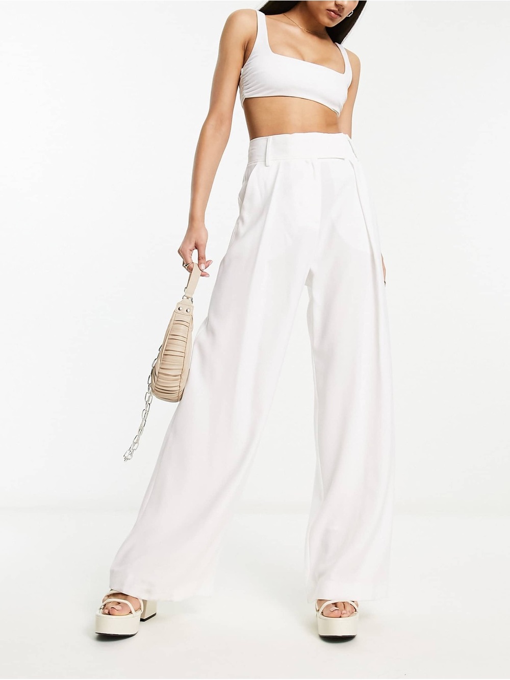 River Island White Wide Leg Pleated Trousers High Rise Size 4 NWT